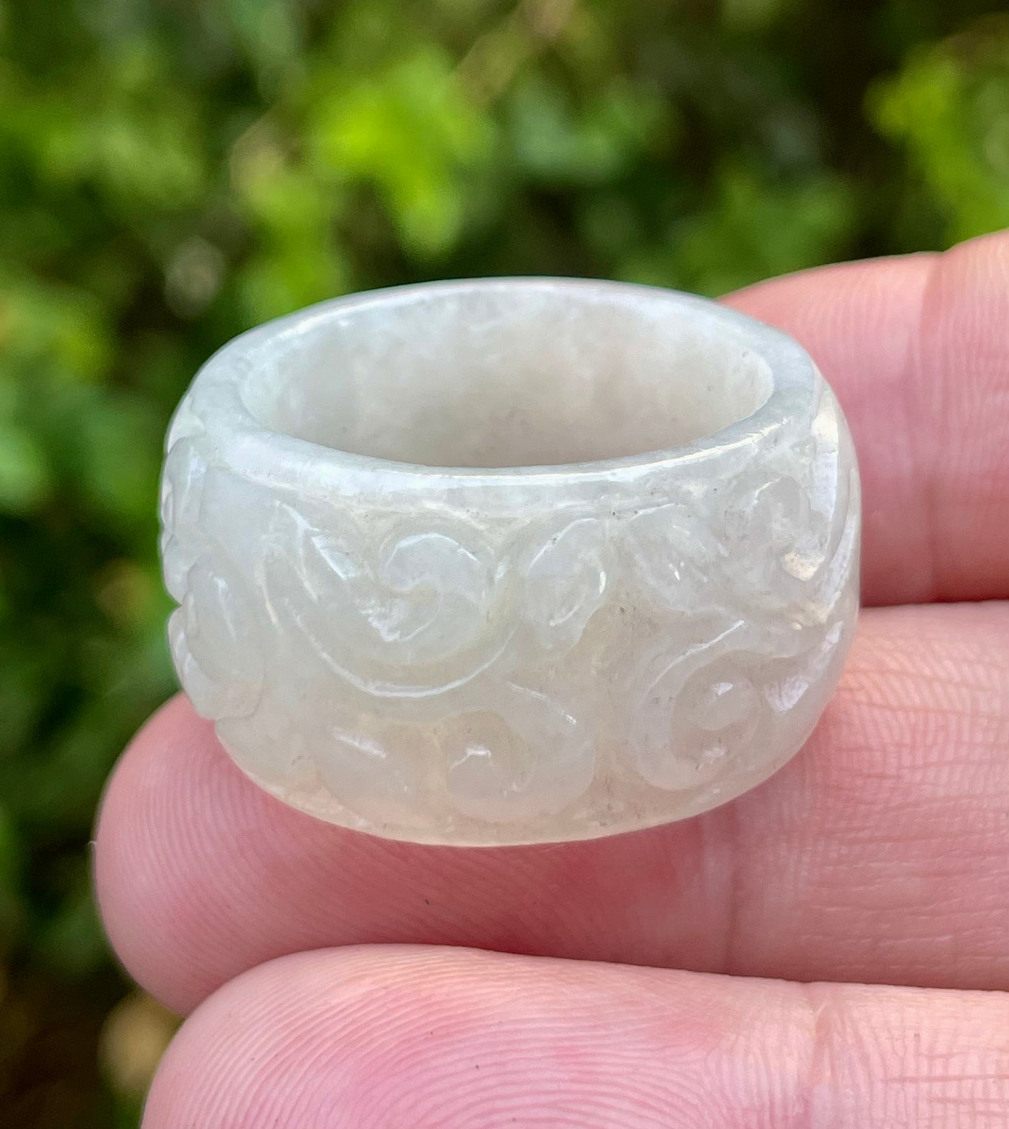 Natural Burmese Jadeite Jade Ring – Icy Translucent Light Apple Green & Milky White – Swirl & Floral Motif – Wide Thumb/Band Style – JRN033