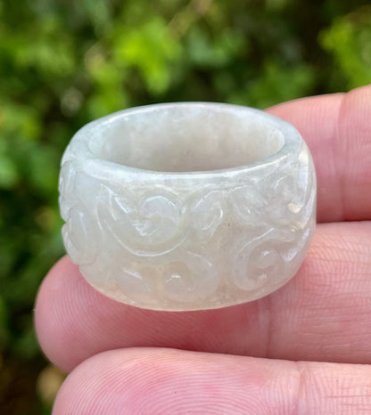 Natural Burmese Jadeite Jade Ring – Icy Translucent Light Apple Green & Milky White – Swirl & Floral Motif – Wide Thumb/Band Style – JRN033