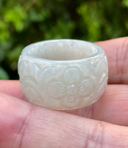 Natural Burmese Jadeite Jade Ring – Icy Translucent Light Apple Green & Milky White – Swirl & Floral Motif – Wide Thumb/Band Style – JRN033
