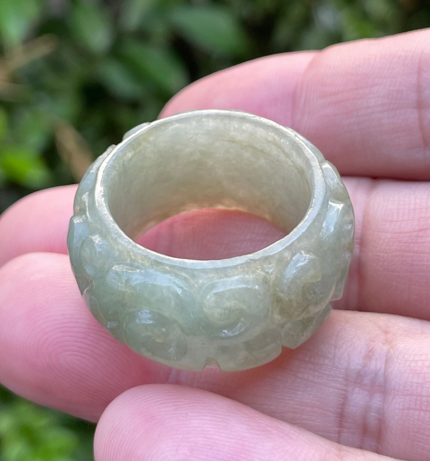Natural Burmese Jadeite Jade Ring – Icy Apple Green – Hand-Carved Round Swirl Motif – Wide Thumb/Band Style – JRN034