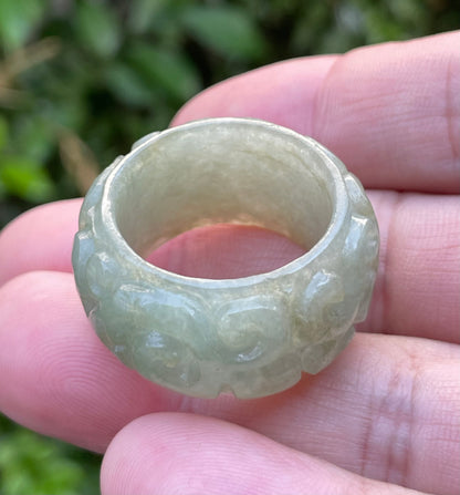 Natural Burmese Jadeite Jade Ring – Icy Apple Green – Hand-Carved Round Swirl Motif – Wide Thumb/Band Style – JRN034