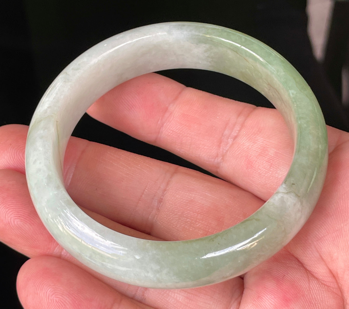 Natural Burmese Jadeite Jade Bangle – Icy Milky White & Apple Green – 56.6mm – JB151