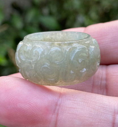 Natural Burmese Jadeite Jade Ring – Icy Apple Green – Hand-Carved Round Swirl Motif – Wide Thumb/Band Style – JRN034
