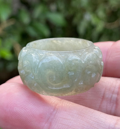 Natural Burmese Jadeite Jade Ring – Icy Apple Green – Hand-Carved Round Swirl Motif – Wide Thumb/Band Style – JRN034