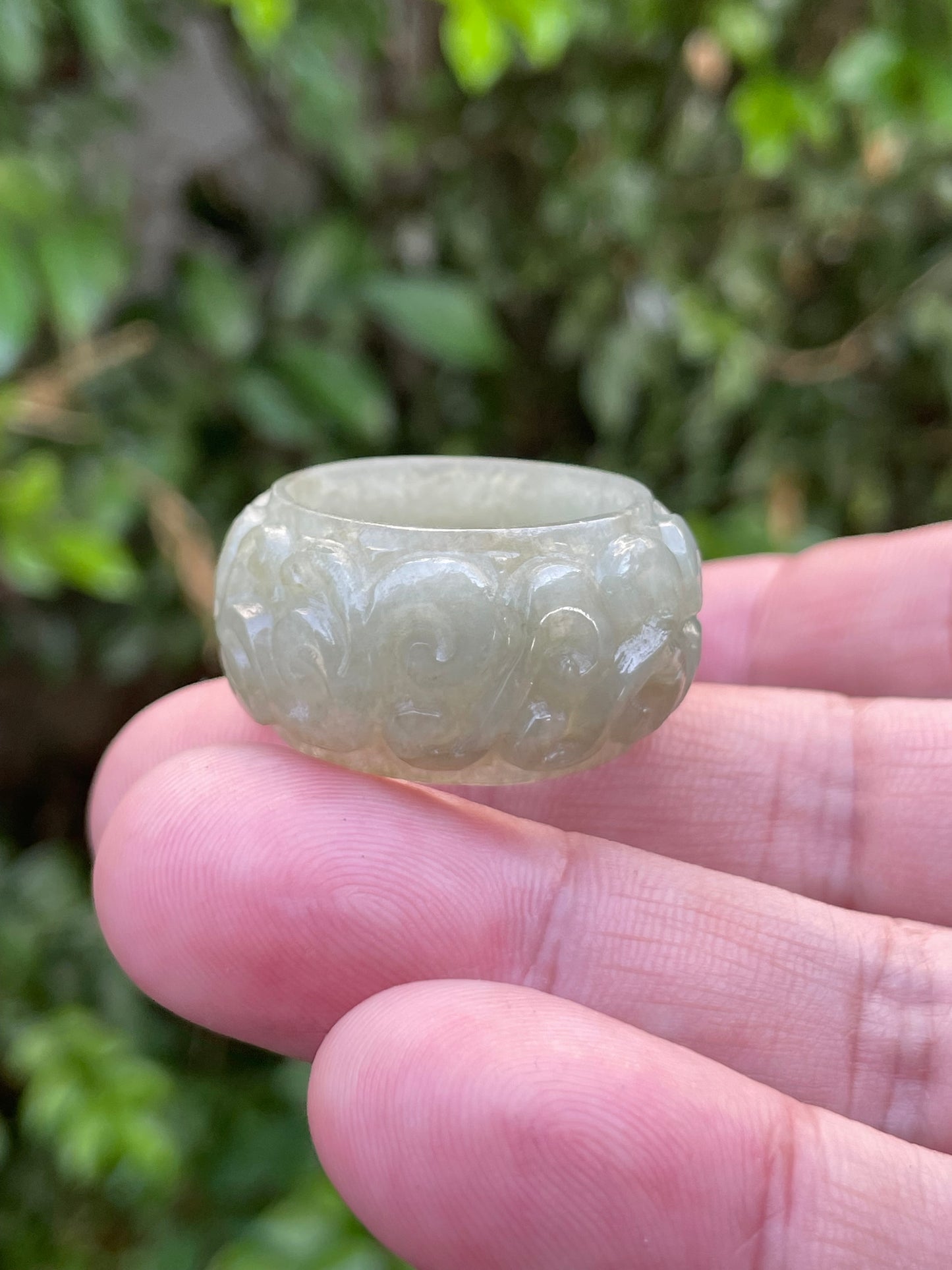 Natural Burmese Jadeite Jade Ring – Icy Apple Green – Hand-Carved Round Swirl Motif – Wide Thumb/Band Style – JRN034