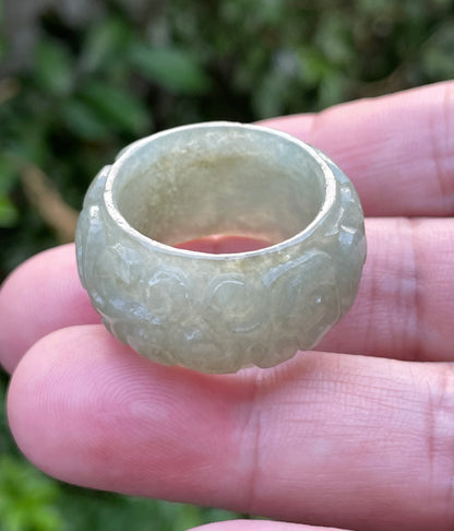 Natural Burmese Jadeite Jade Ring – Icy Apple Green – Hand-Carved Round Swirl Motif – Wide Thumb/Band Style – JRN034