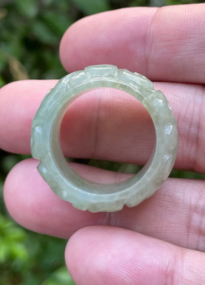 Natural Burmese Jadeite Jade Ring – Icy Apple Green – Hand-Carved Round Swirl Motif – Wide Thumb/Band Style – JRN034