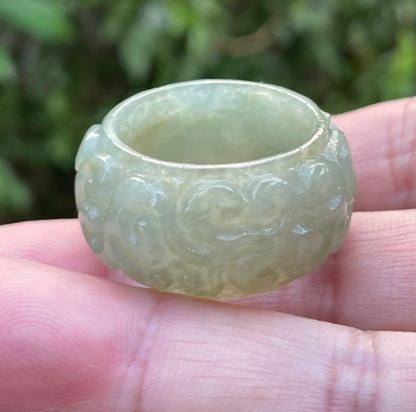 Natural Burmese Jadeite Jade Ring – Icy Apple Green – Hand-Carved Round Swirl Motif – Wide Thumb/Band Style – JRN034