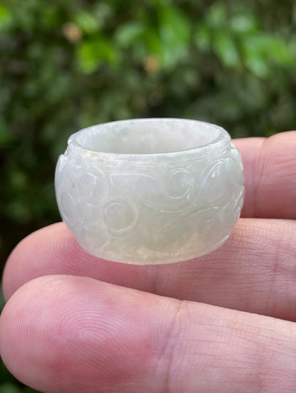 Natural Burmese Jadeite Jade Ring – Icy Translucent Milky White & Imperial Green – Swirl Motif – Wide Thumb/Band Style – JRN035