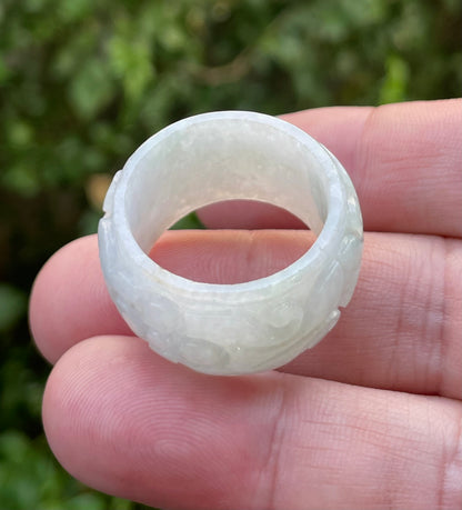 Natural Burmese Jadeite Jade Ring – Icy Translucent Milky White & Imperial Green – Swirl Motif – Wide Thumb/Band Style – JRN035