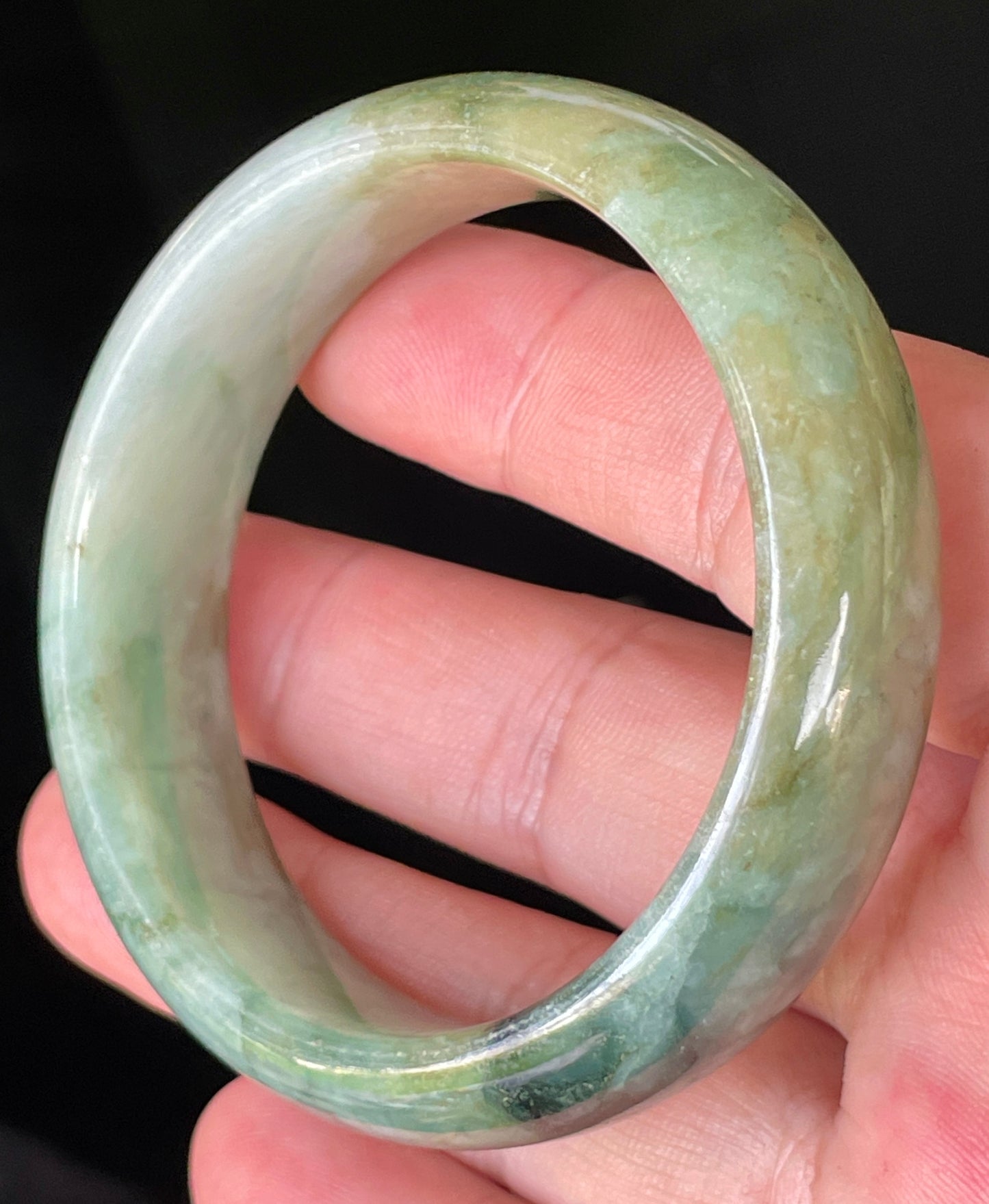 Natural Burmese Jadeite Jade Bangle – Icy Bluish Apple Green with Honey & Milky White Hues – 55mm – JB233