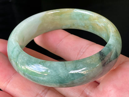 Natural Burmese Jadeite Jade Bangle – Icy Bluish Apple Green with Honey & Milky White Hues – 55mm – JB233