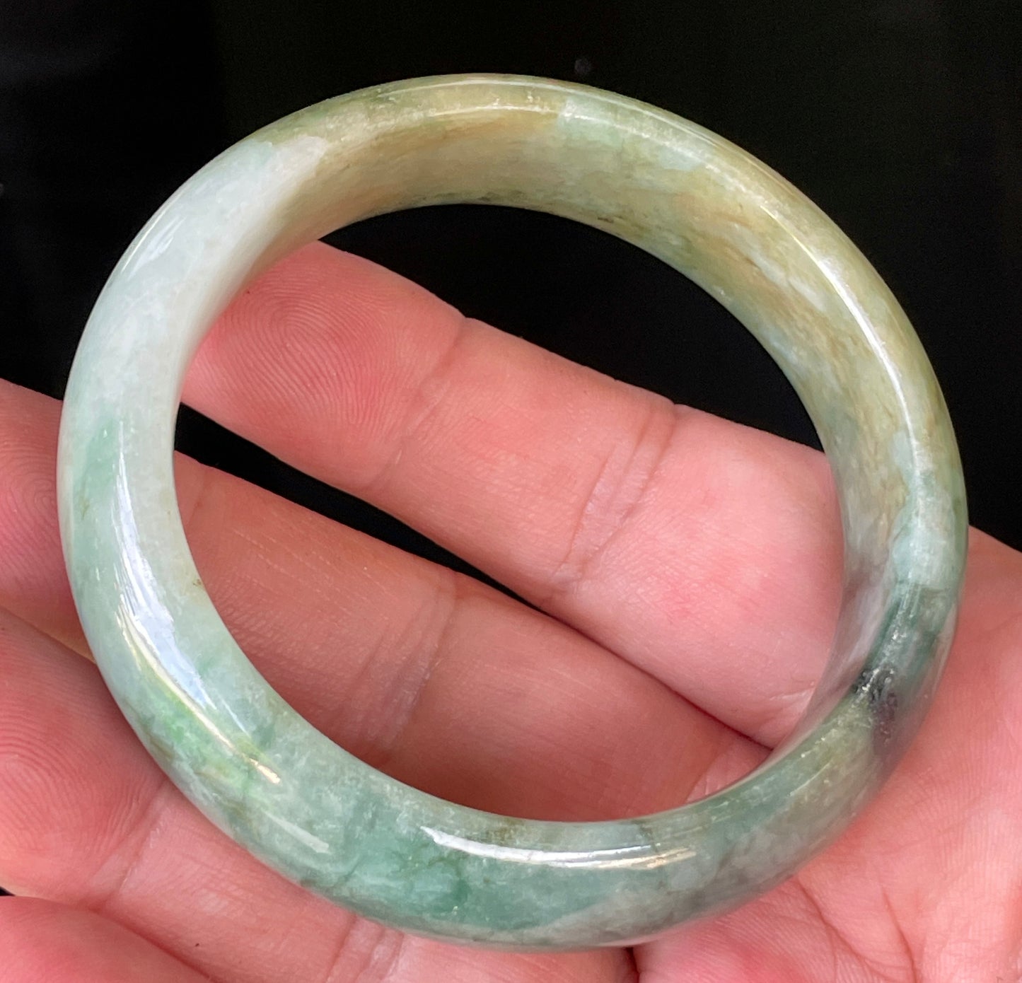 Natural Burmese Jadeite Jade Bangle – Icy Bluish Apple Green with Honey & Milky White Hues – 55mm – JB233