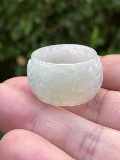 Natural Burmese Jadeite Jade Ring – Icy Translucent Milky White & Imperial Green – Swirl Motif – Wide Thumb/Band Style – JRN035