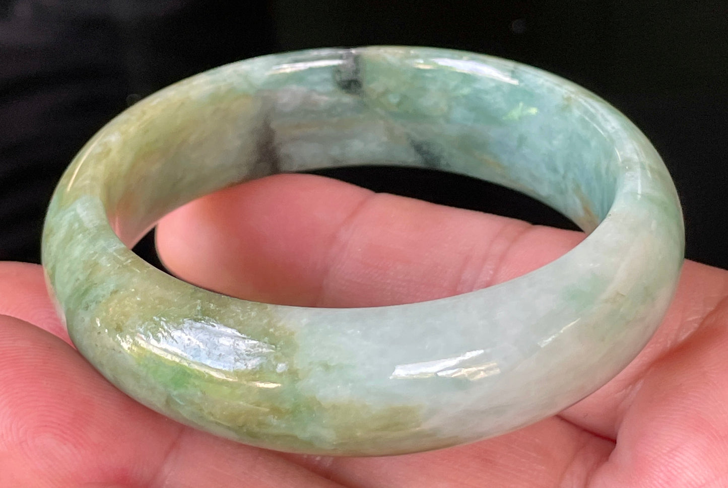 Natural Burmese Jadeite Jade Bangle – Icy Bluish Apple Green with Honey & Milky White Hues – 55mm – JB233