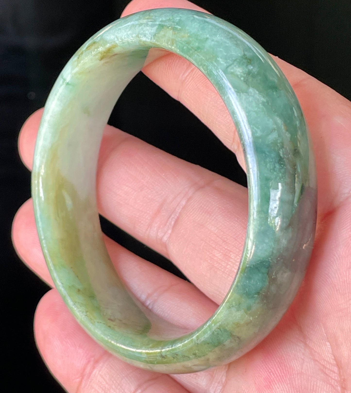 Natural Burmese Jadeite Jade Bangle – Icy Bluish Apple Green with Honey & Milky White Hues – 55mm – JB233