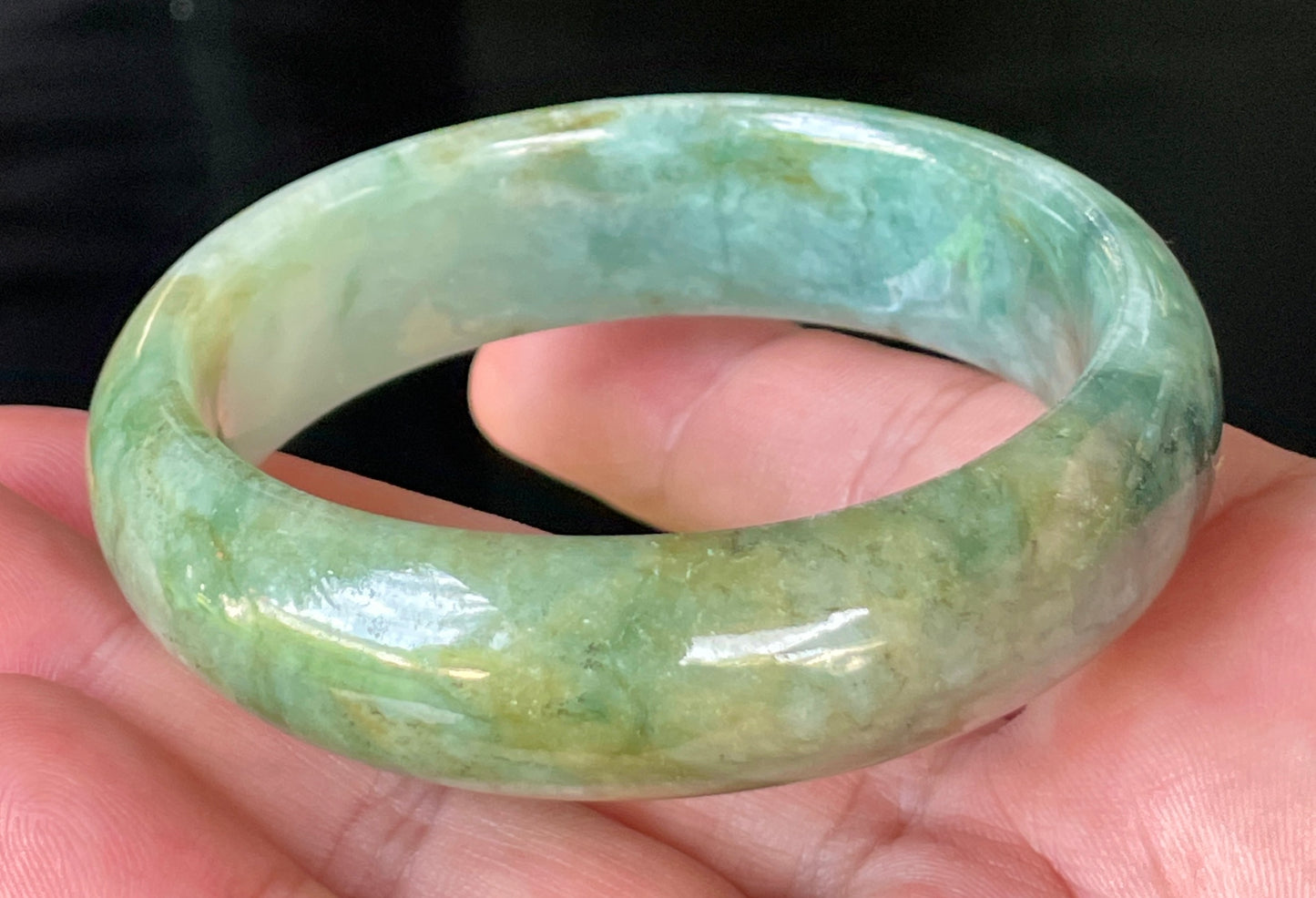 Natural Burmese Jadeite Jade Bangle – Icy Bluish Apple Green with Honey & Milky White Hues – 55mm – JB233