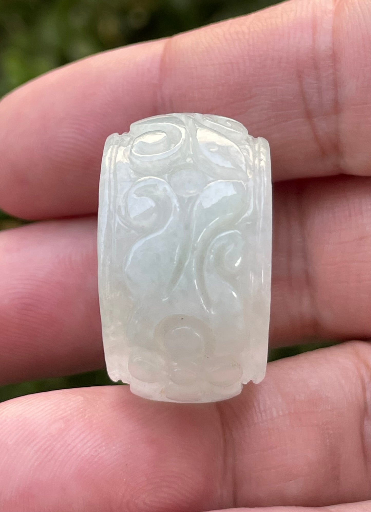 Natural Burmese Jadeite Jade Ring – Icy Translucent Milky White & Imperial Green – Swirl Motif – Wide Thumb/Band Style – JRN035