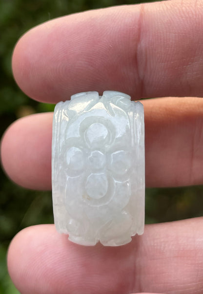 Natural Burmese Jadeite Jade Ring – Icy Translucent Milky White & Imperial Green – Swirl Motif – Wide Thumb/Band Style – JRN035