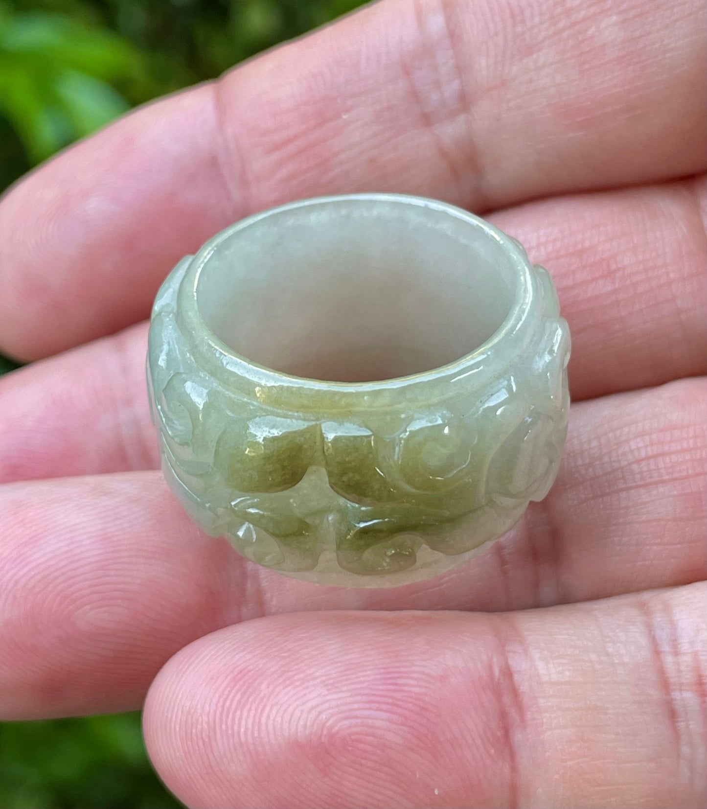 Natural Burmese Jadeite Jade Ring – Icy Apple Green & Spinach Green – Floral Swirl Motif – Wide Thumb/Band Style – JRN036