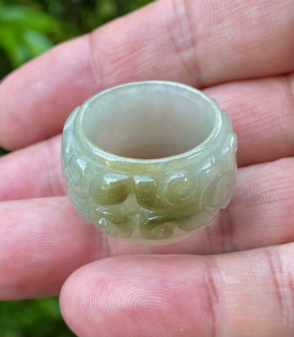 Natural Burmese Jadeite Jade Ring – Icy Apple Green & Spinach Green – Floral Swirl Motif – Wide Thumb/Band Style – JRN036