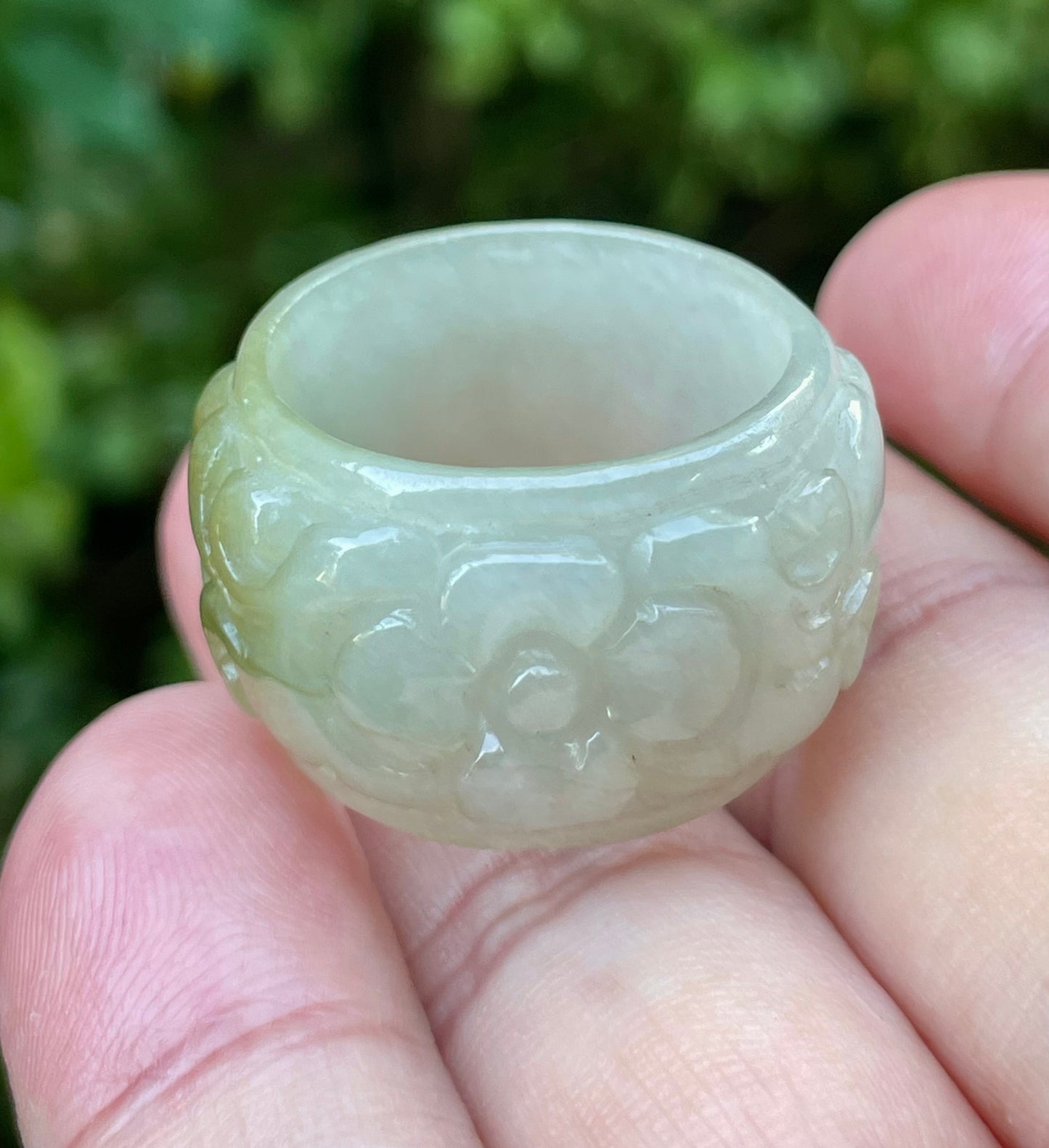 Natural Burmese Jadeite Jade Ring – Icy Apple Green & Spinach Green – Floral Swirl Motif – Wide Thumb/Band Style – JRN036