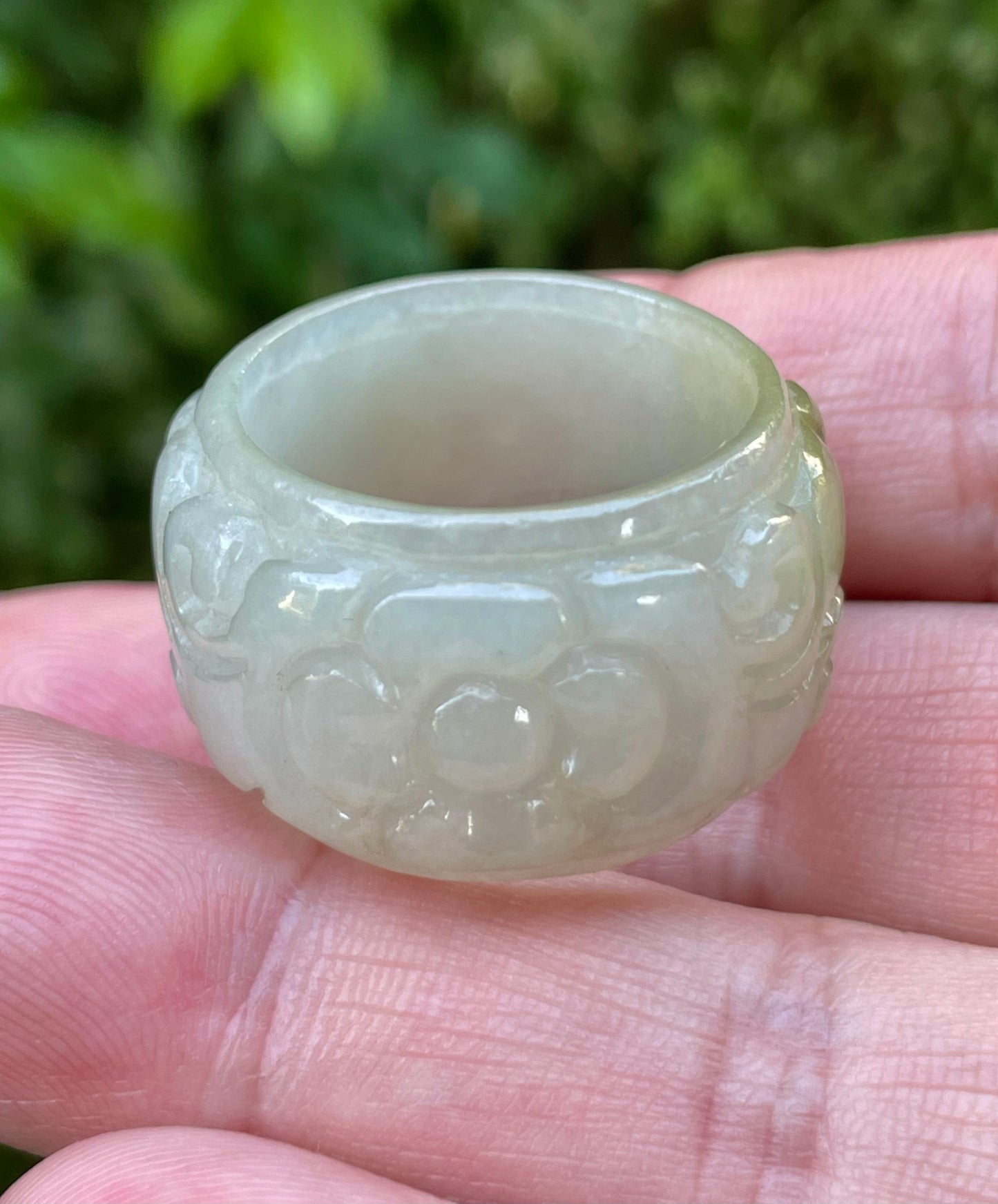 Natural Burmese Jadeite Jade Ring – Icy Apple Green & Spinach Green – Floral Swirl Motif – Wide Thumb/Band Style – JRN036