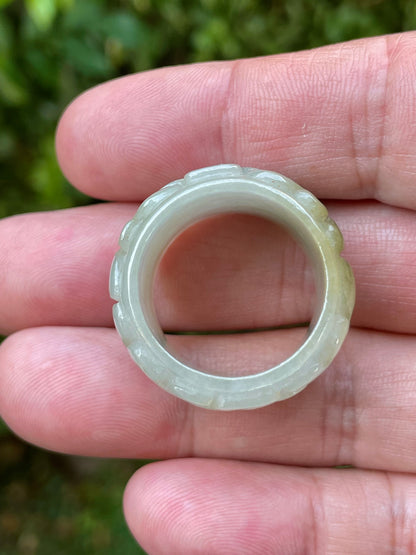 Natural Burmese Jadeite Jade Ring – Icy Apple Green & Spinach Green – Floral Swirl Motif – Wide Thumb/Band Style – JRN036