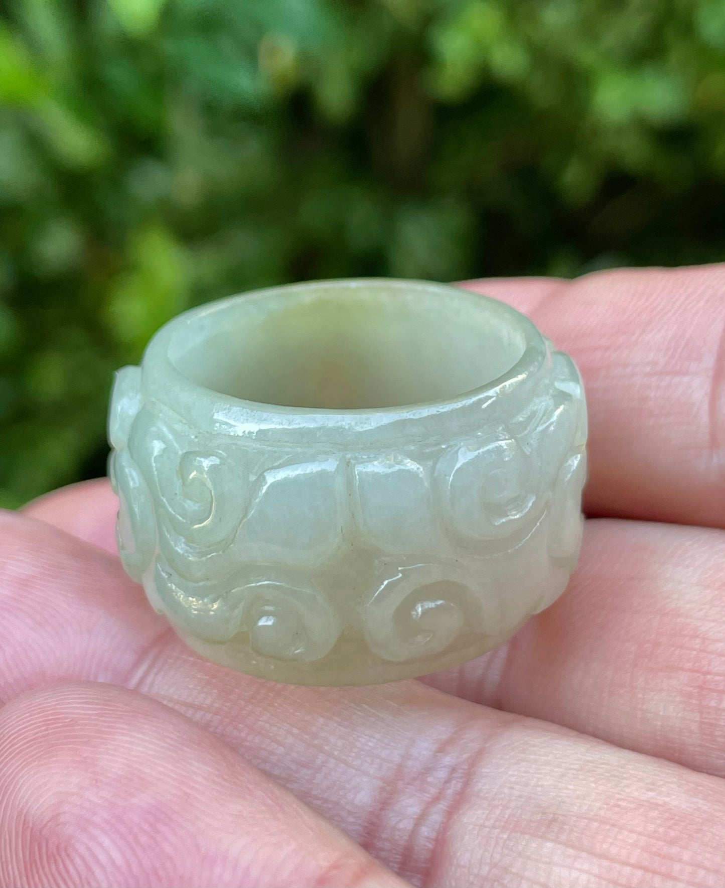 Natural Burmese Jadeite Jade Ring – Icy Apple Green & Spinach Green – Floral Swirl Motif – Wide Thumb/Band Style – JRN036