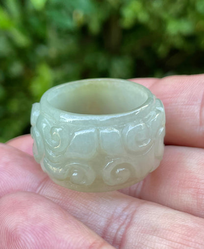 Natural Burmese Jadeite Jade Ring – Icy Apple Green & Spinach Green – Floral Swirl Motif – Wide Thumb/Band Style – JRN036