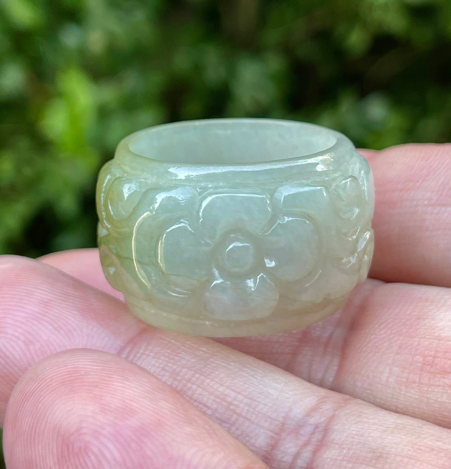 Natural Burmese Jadeite Jade Ring – Icy Apple Green & Spinach Green – Floral Swirl Motif – Wide Thumb/Band Style – JRN036