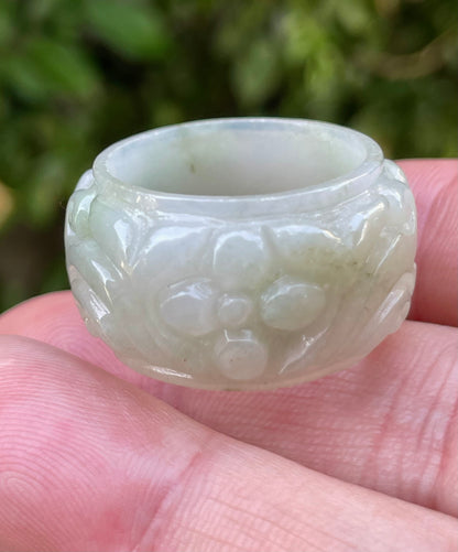 Natural Burmese Jadeite Jade Ring – Icy Translucent Apple Green & Milky White – Floral Motif – Wide Thumb/Band Style – JRN038