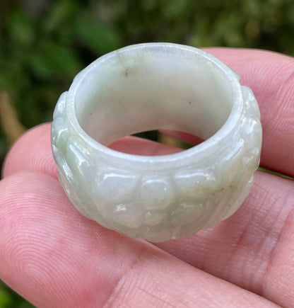 Natural Burmese Jadeite Jade Ring – Icy Translucent Apple Green & Milky White – Floral Motif – Wide Thumb/Band Style – JRN038