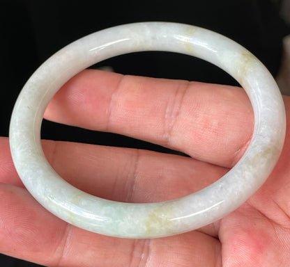 Natural Burmese Jadeite Jade Bangle – Icy Milky White with Apple Green & Yellow Veins – Princess Cut – 58.6mm – JB240
