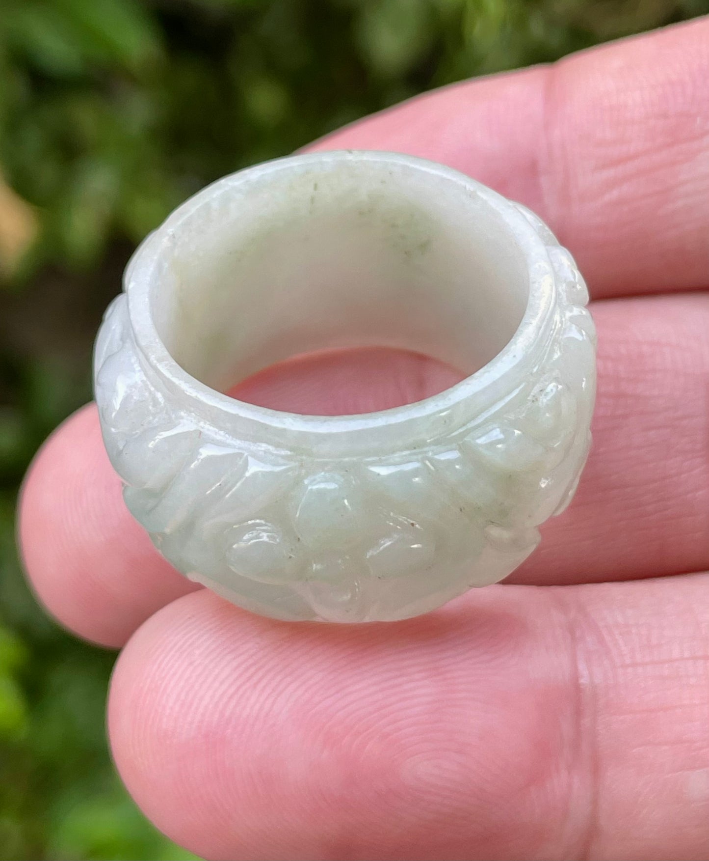 Natural Burmese Jadeite Jade Ring – Icy Translucent Apple Green & Milky White – Floral Motif – Wide Thumb/Band Style – JRN038