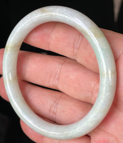 Natural Burmese Jadeite Jade Bangle – Icy Milky White with Apple Green & Yellow Veins – Princess Cut – 58.6mm – JB240