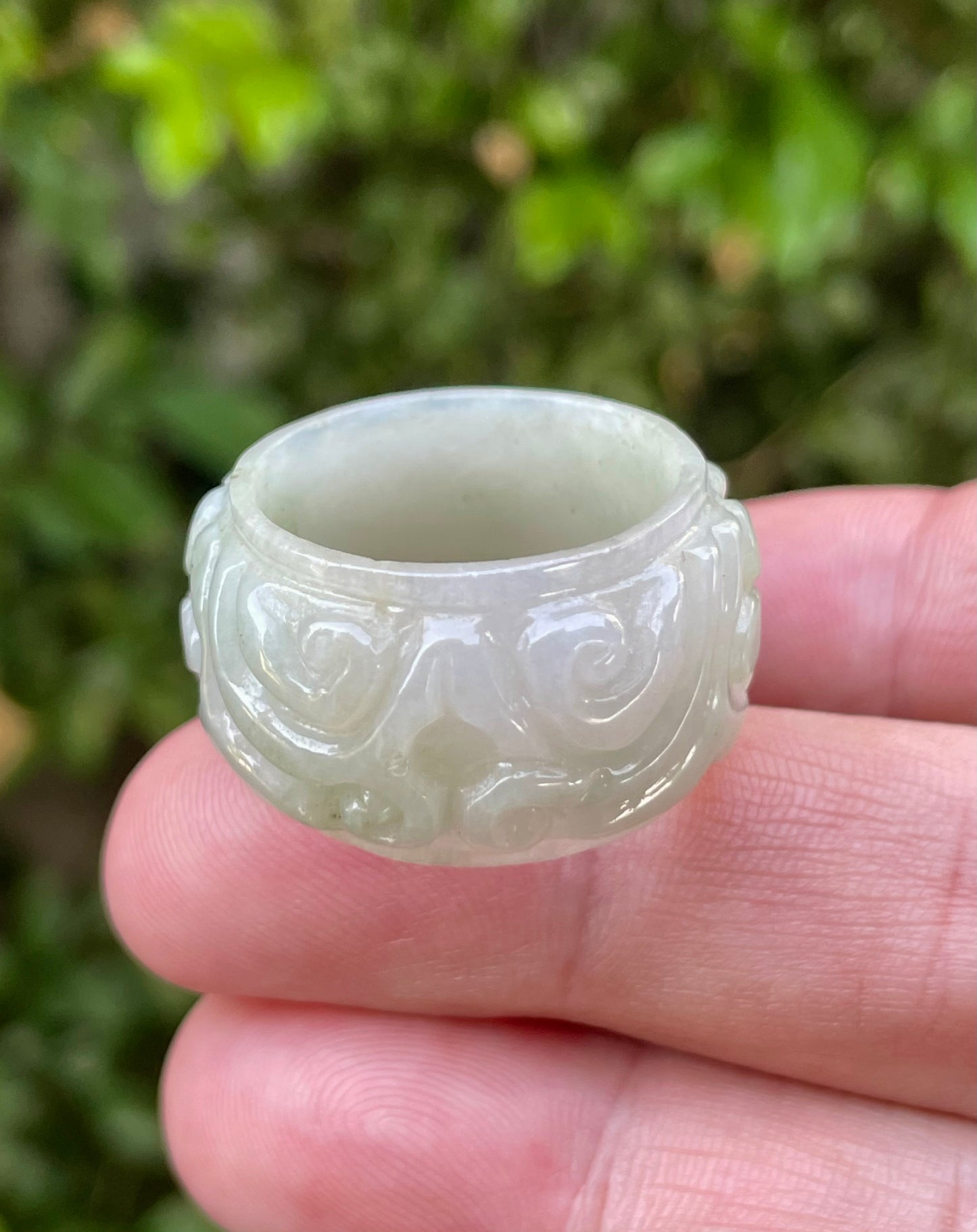 Natural Burmese Jadeite Jade Ring – Icy Translucent Apple Green & Milky White – Floral Motif – Wide Thumb/Band Style – JRN038