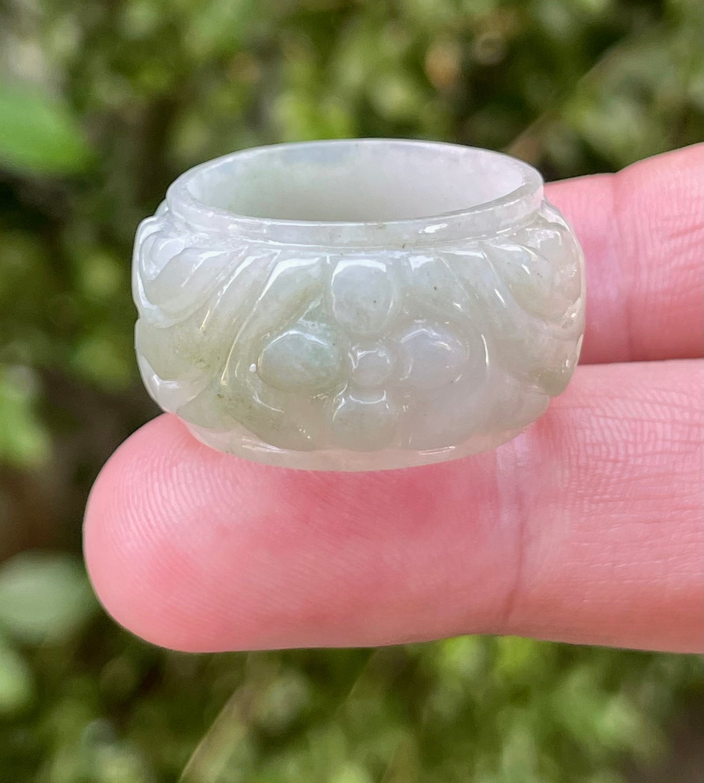 Natural Burmese Jadeite Jade Ring – Icy Translucent Apple Green & Milky White – Floral Motif – Wide Thumb/Band Style – JRN038