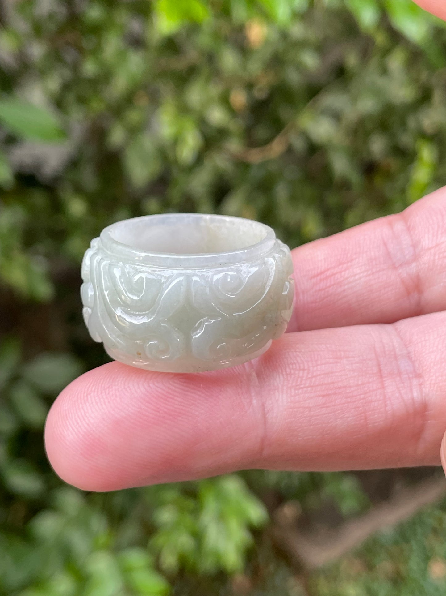 Natural Burmese Jadeite Jade Ring – Icy Translucent Apple Green & Milky White – Floral Motif – Wide Thumb/Band Style – JRN038