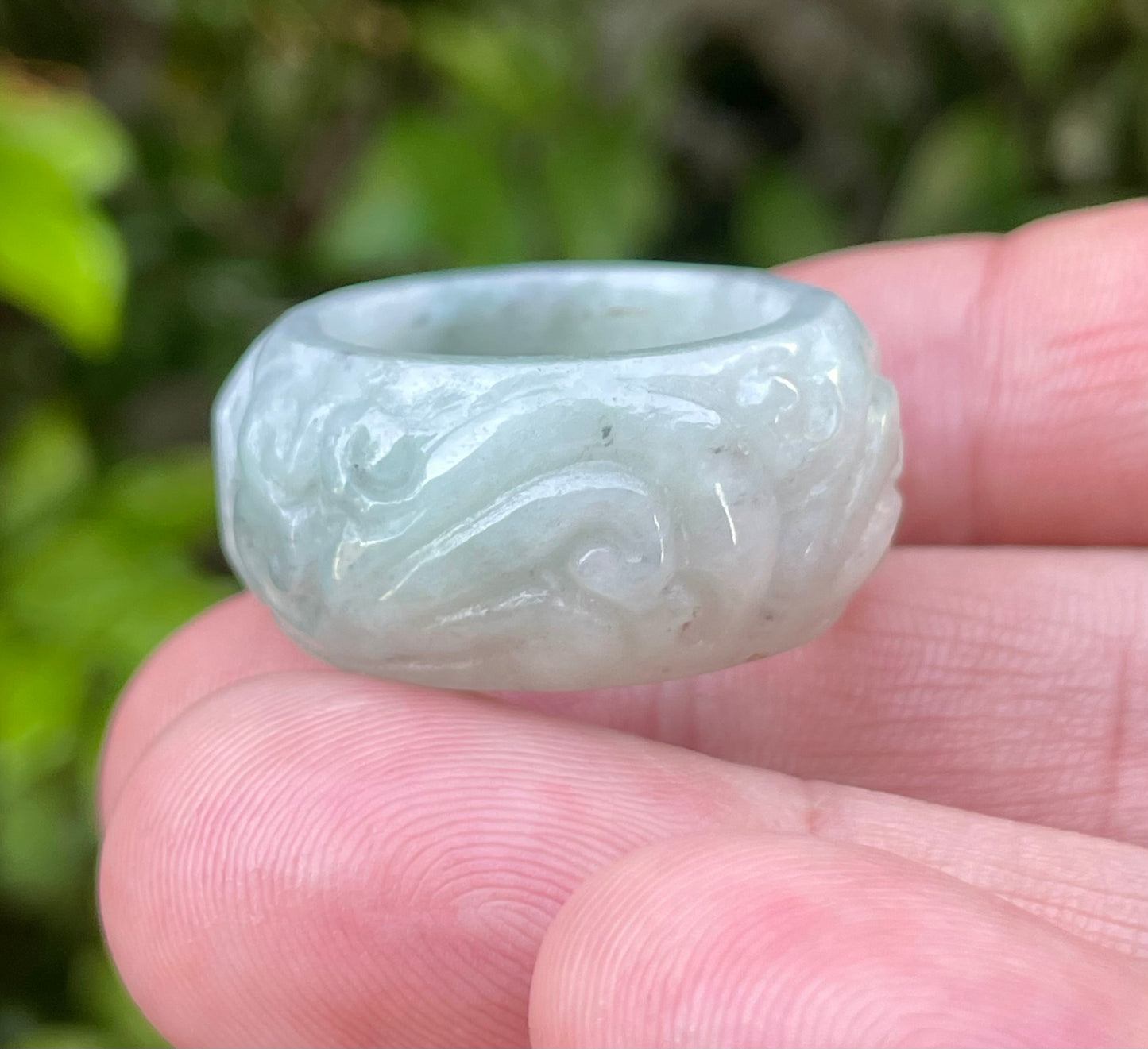 Natural Burmese Jadeite Jade Ring – Icy Bluish Apple Green – Hand-Carved Swirl Motif – Wide Thumb/Band Style – JRN039