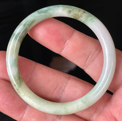 Natural Burmese Jadeite Jade Bangle – Icy Milky White with Forest, Apple & Imperial Green – Princess Cut – 50.7mm – JB246