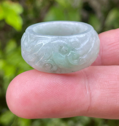 Natural Burmese Jadeite Jade Ring – Icy Bluish Apple Green – Hand-Carved Swirl Motif – Wide Thumb/Band Style – JRN039