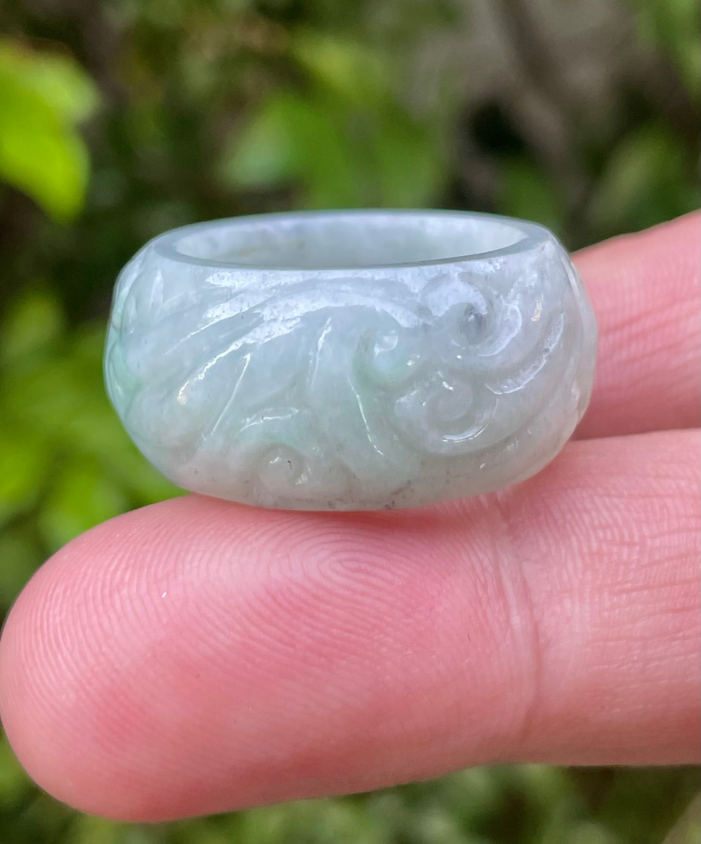 Natural Burmese Jadeite Jade Ring – Icy Bluish Apple Green – Hand-Carved Swirl Motif – Wide Thumb/Band Style – JRN039