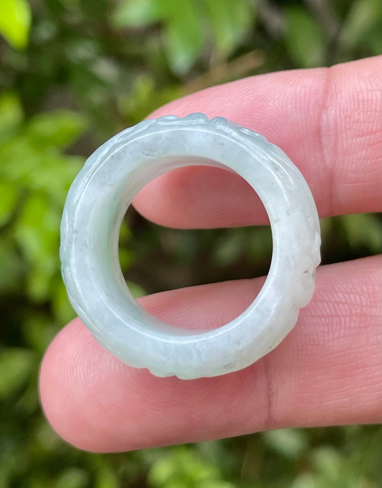 Natural Burmese Jadeite Jade Ring – Icy Bluish Apple Green – Hand-Carved Swirl Motif – Wide Thumb/Band Style – JRN039