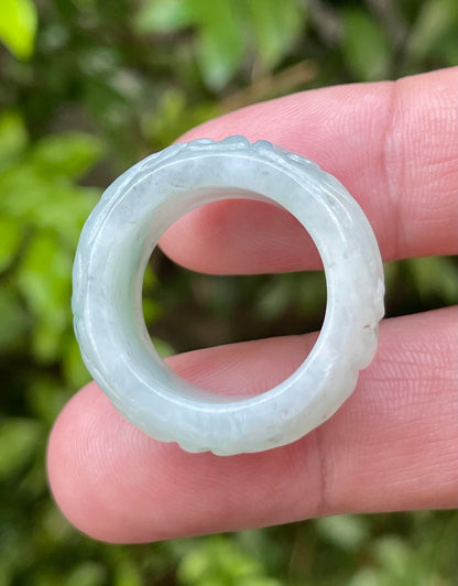 Natural Burmese Jadeite Jade Ring – Icy Bluish Apple Green – Hand-Carved Swirl Motif – Wide Thumb/Band Style – JRN039