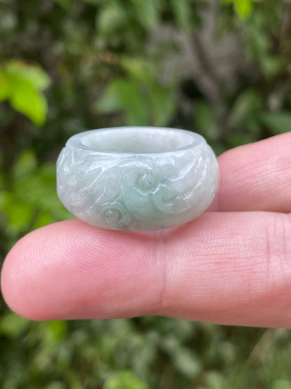 Natural Burmese Jadeite Jade Ring – Icy Bluish Apple Green – Hand-Carved Swirl Motif – Wide Thumb/Band Style – JRN039