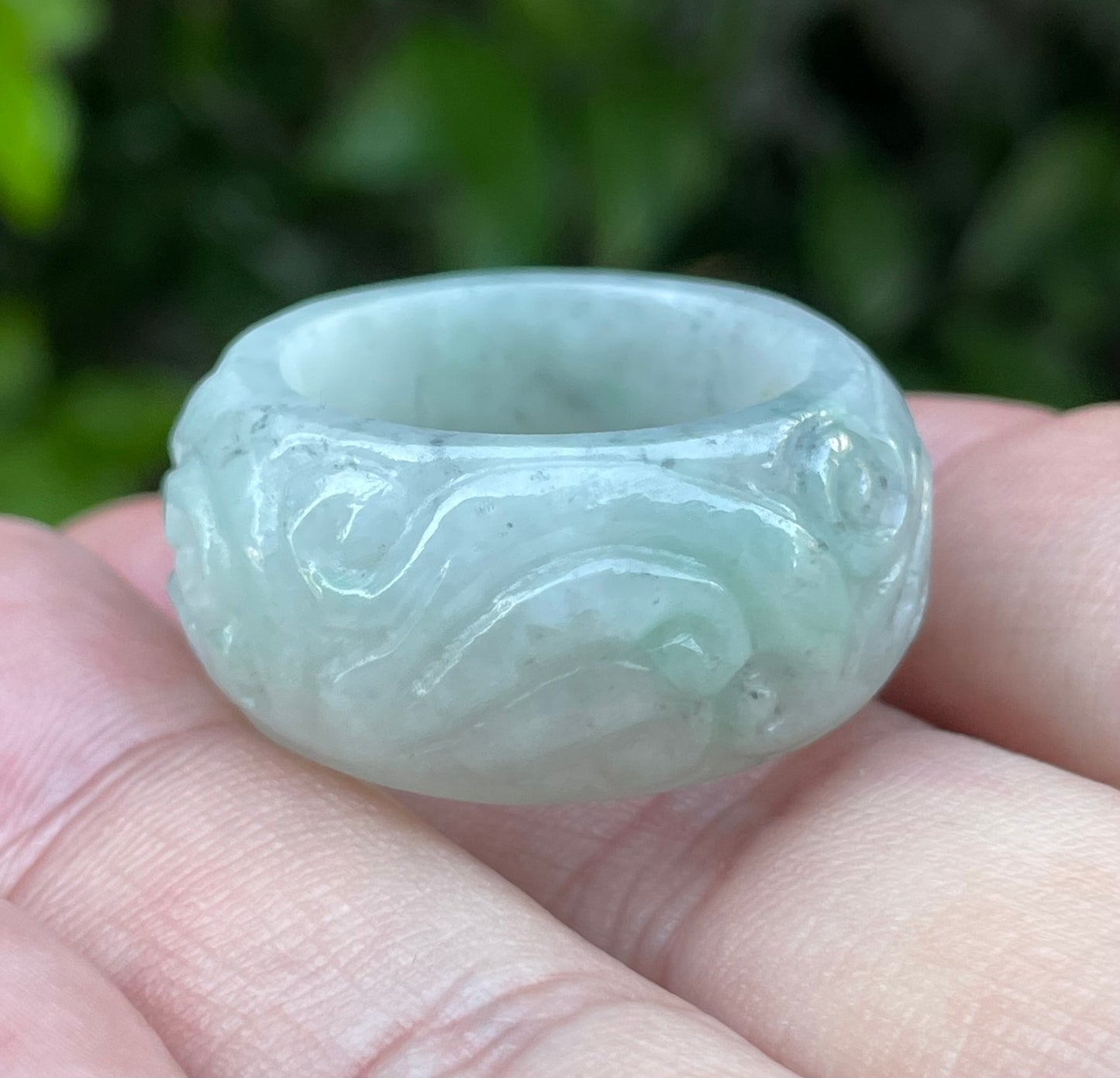 Natural Burmese Jadeite Jade Ring – Icy Bluish Apple Green – Hand-Carved Swirl Motif – Wide Thumb/Band Style – JRN039