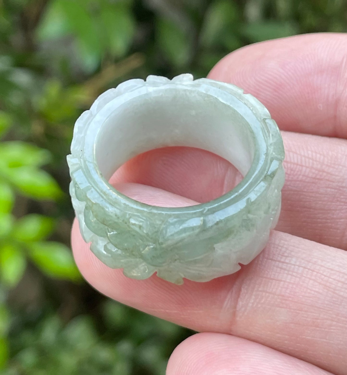 Natural Burmese Jadeite Jade Ring – Icy Apple Green & Milky White – Floral Motif – Wide Thumb/Band Style – JRN040