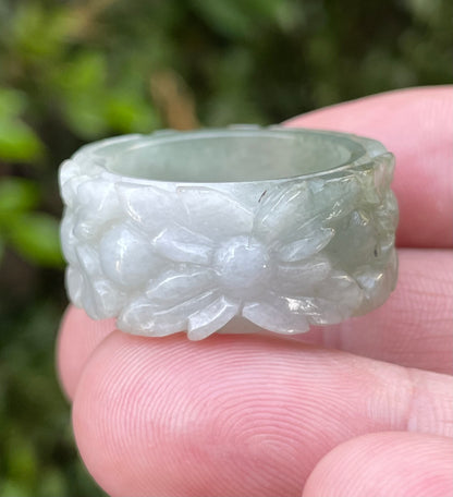Natural Burmese Jadeite Jade Ring – Icy Apple Green & Milky White – Floral Motif – Wide Thumb/Band Style – JRN040