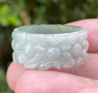 Natural Burmese Jadeite Jade Ring – Icy Apple Green & Milky White – Floral Motif – Wide Thumb/Band Style – JRN040